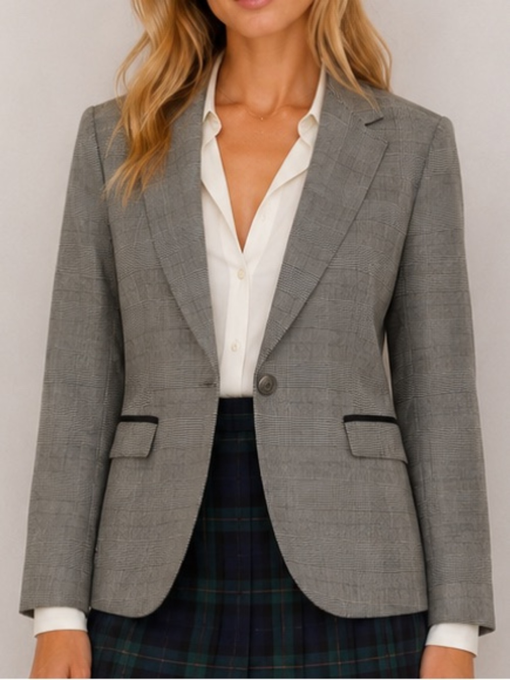 Zara Gray Houndstooth Plaid Single Button Blazer Small